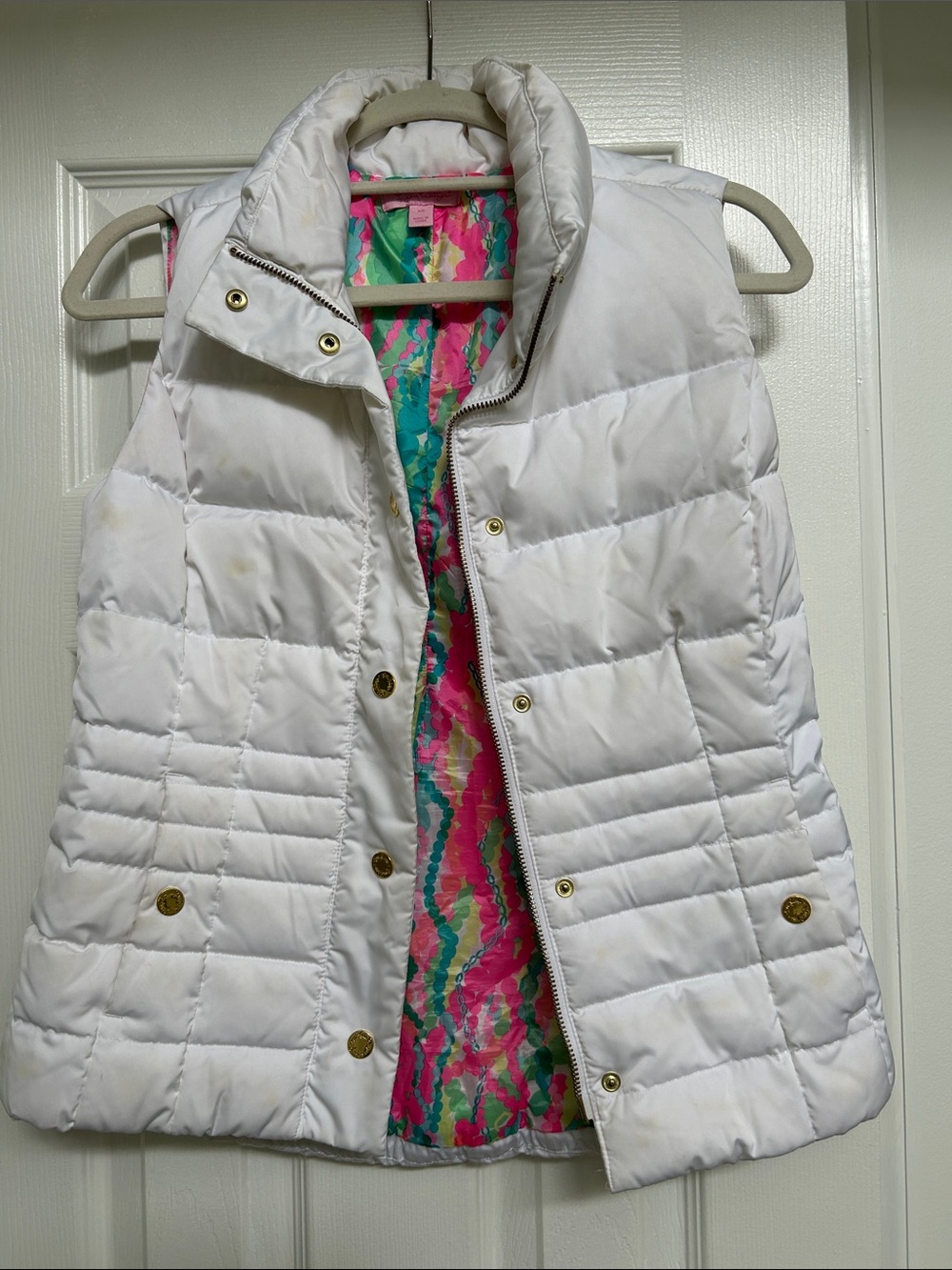 White Quilted Puffer Vest with Colorful Lined Interior